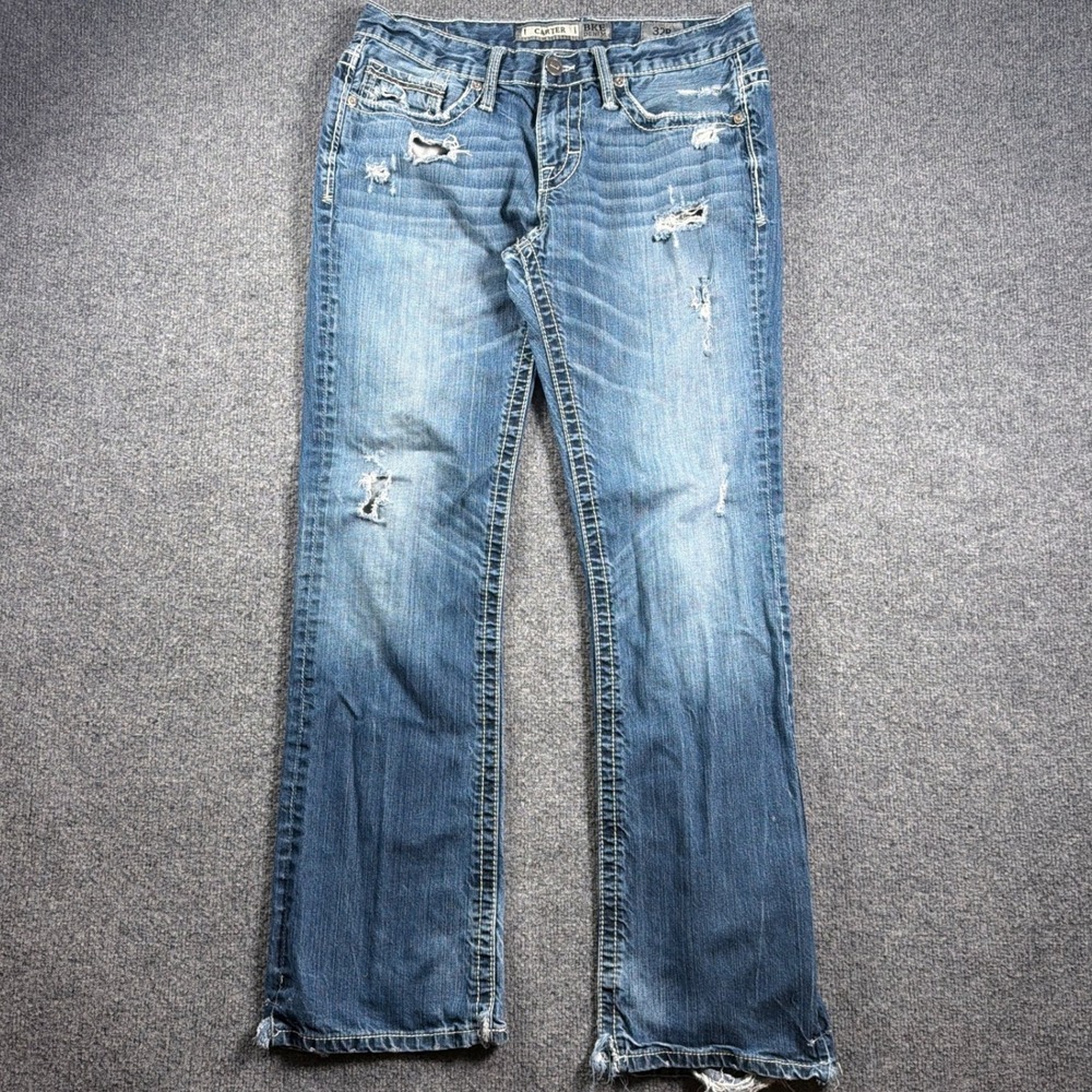 BKE Carter Jeans Mens 32R 32x31 Blue Distressed Bootcut Relaxed Denim Raw Hem